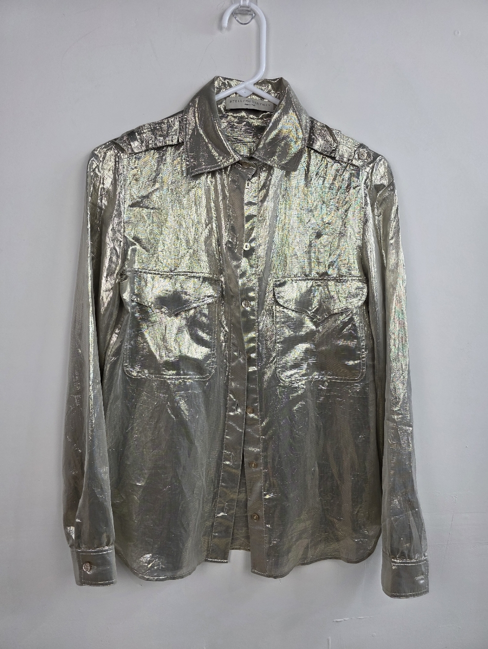Stella McCartney Metallic Silver Lightweight Button-Front Shirt Jacket DAMAGED